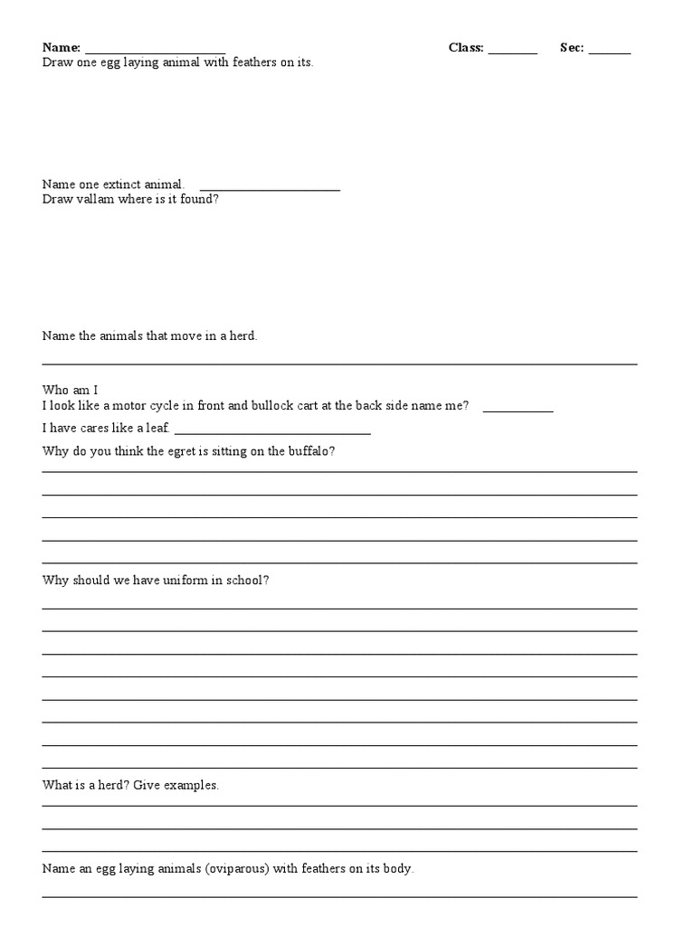 Evs Worksheet For Fa 1 Class Iv B 25 07 2014 Pdf Egg Zoology