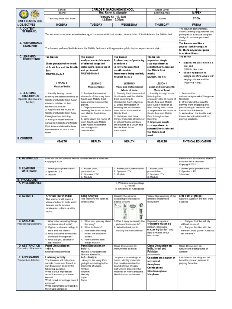 Dll-Mapeh 8 Q3 R. Atanacio | PDF | Musical Instruments | Learning