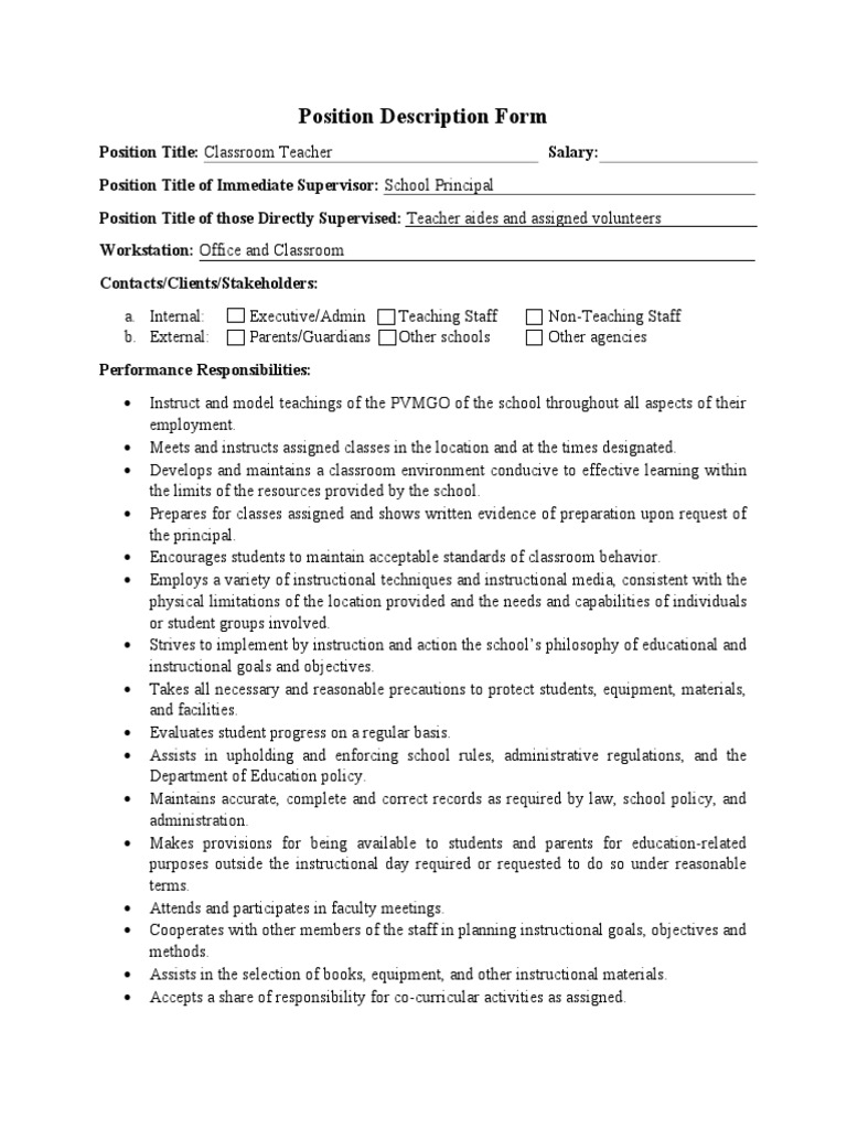 Classroom Teacher Position Description | PDF | Teachers | Schools