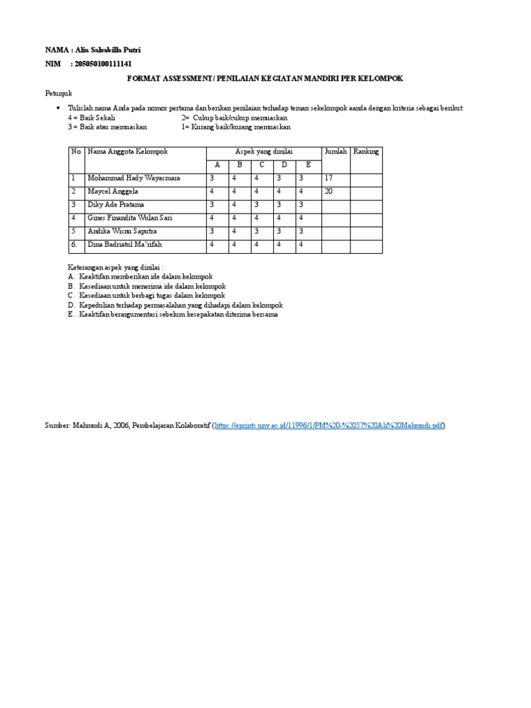 Format Penilaian Mandiri Per Kelompok Pdf