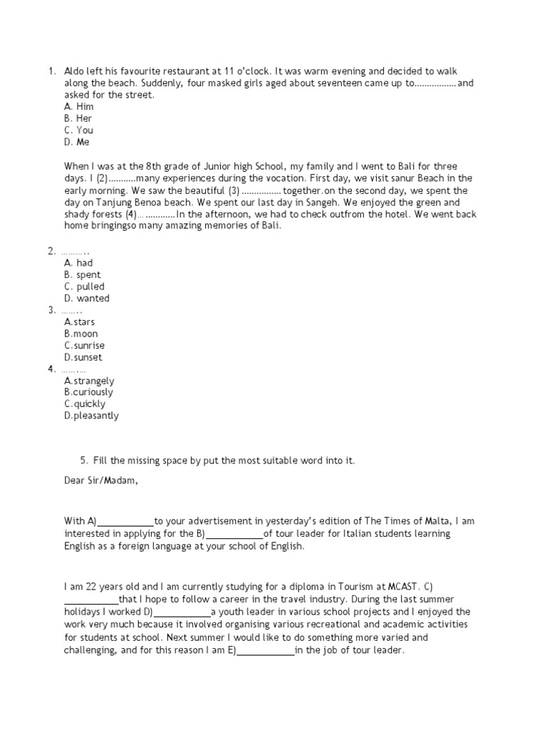 English language placement exam with multiple choice and fill in the