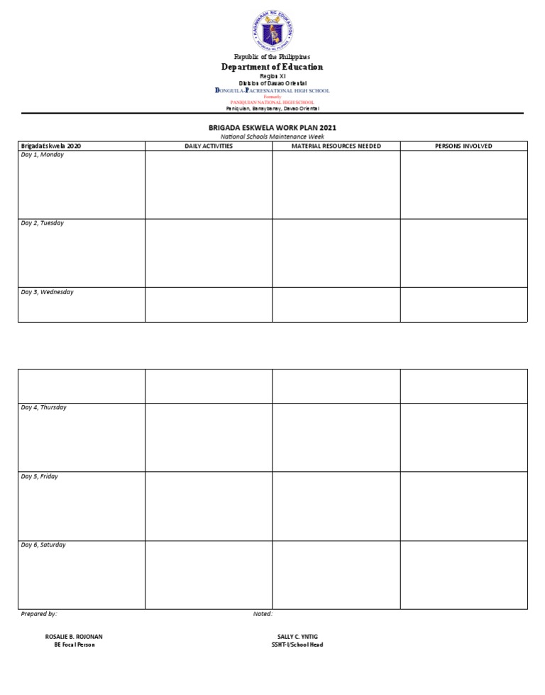 Brigada Eskwela Work Plan | PDF
