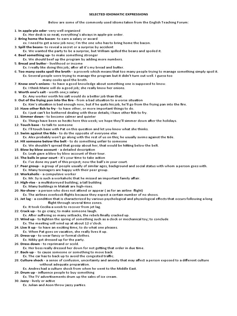 Selected Idiomatic Expressions PDF Idiom