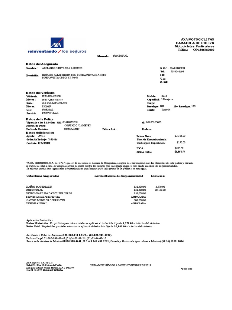Póliza de Seguro de Moto AXA 2019 | PDF | Cheque