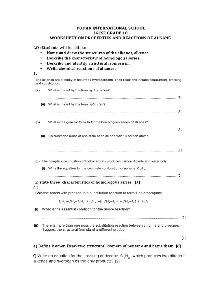 Worksheet On Reactions of Organic Chem - Alkanes PDF | PDF | Alkane ...