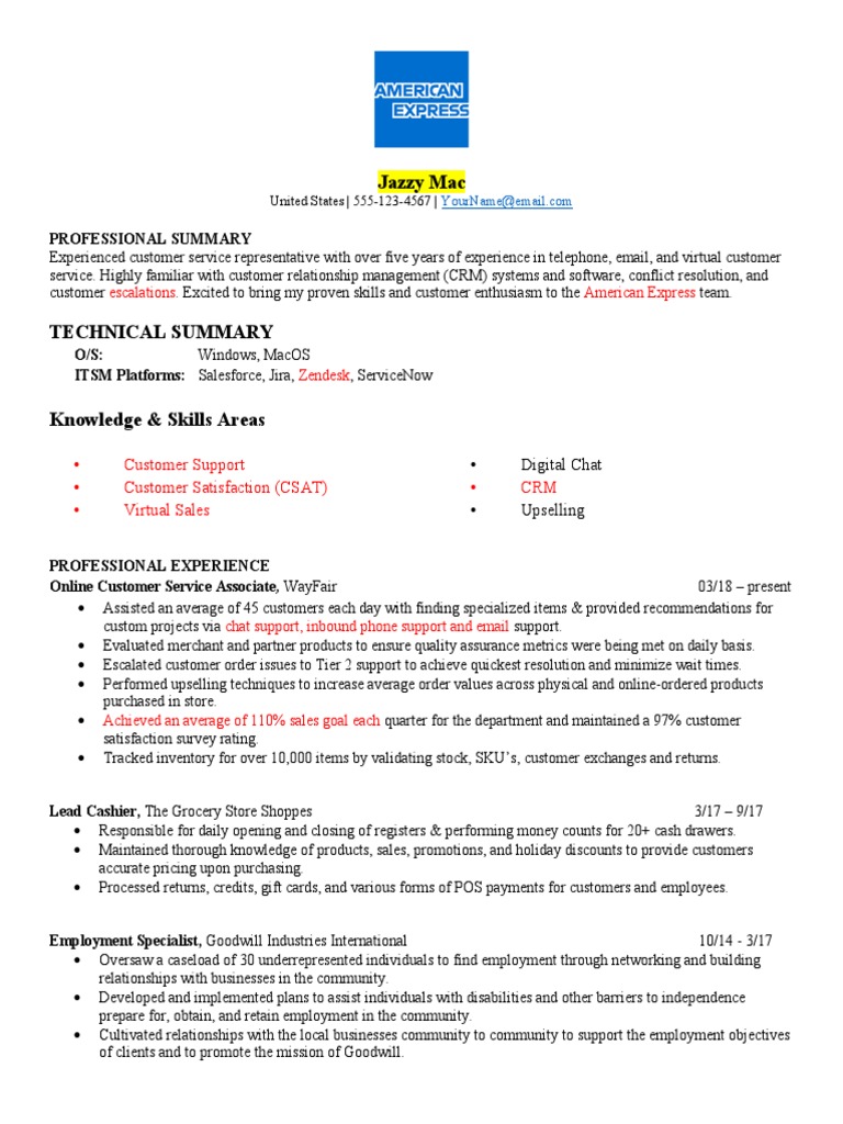 AMEX Customer Service Example PDF Employment Sales