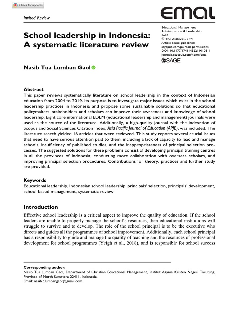 School Leadership in Indonesia: A Systematic Literature Review | PDF ...