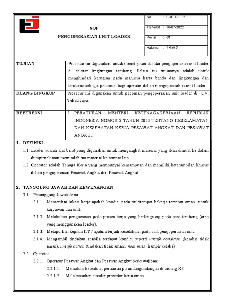 Sop - 005 - Pengoperasian Loader | PDF