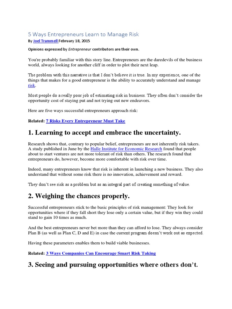 5 Ways Entrepreneurs Learn To Manage Risk | Descargar gratis PDF ...