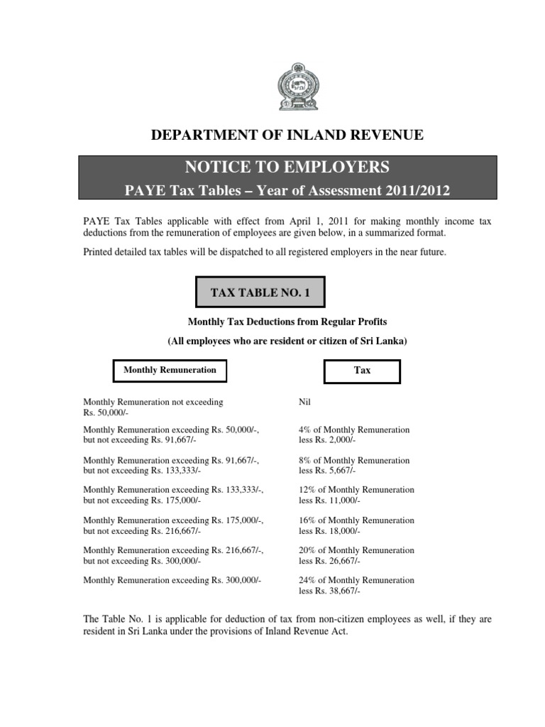 PAYE Tax Tables Taxation Taxes