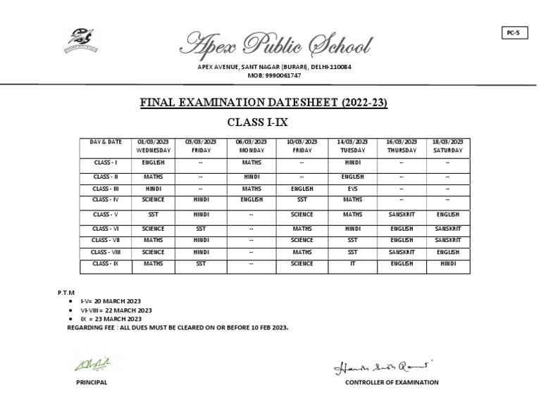Datesheet Class I Ix Pdf