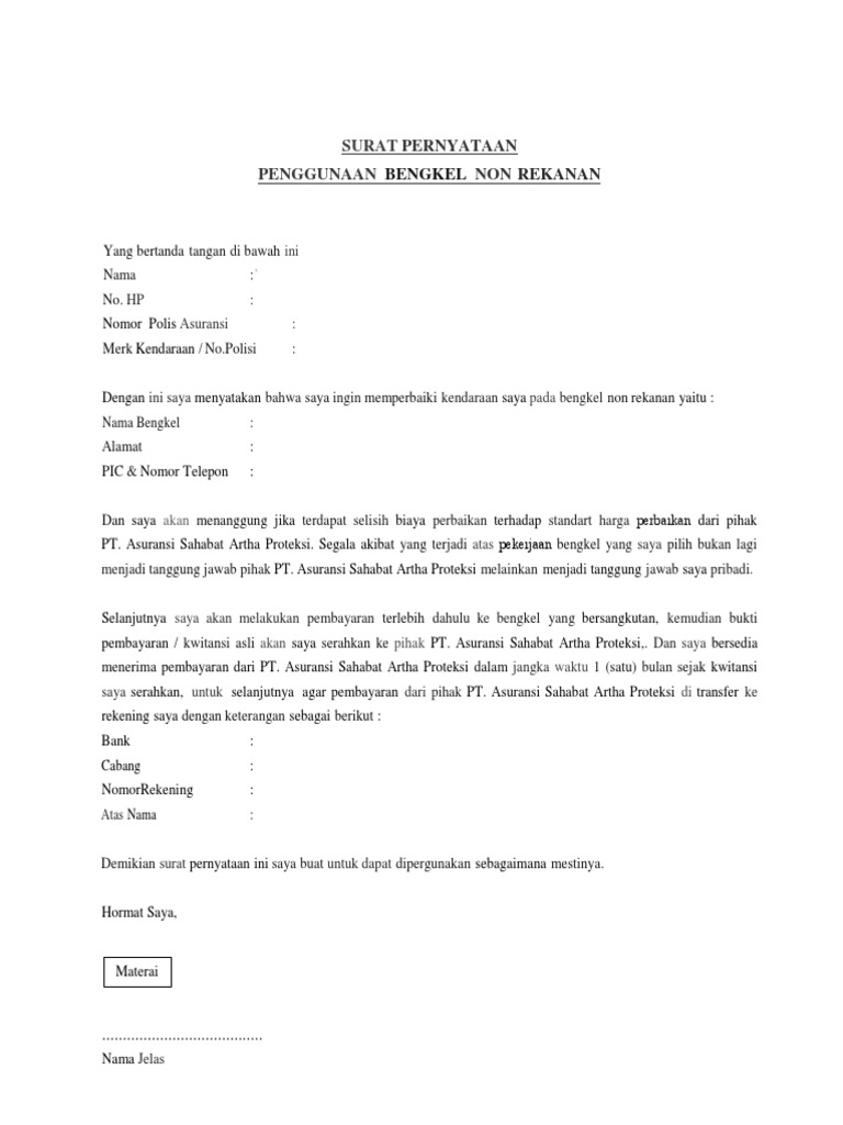 SURAT BENGKEL NON REKANAN - Sahabat Insurance | PDF