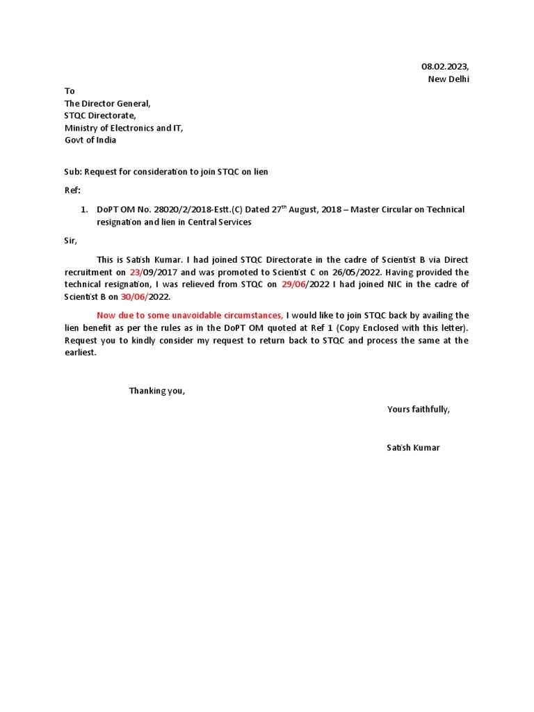Request letter satish kumar pdf