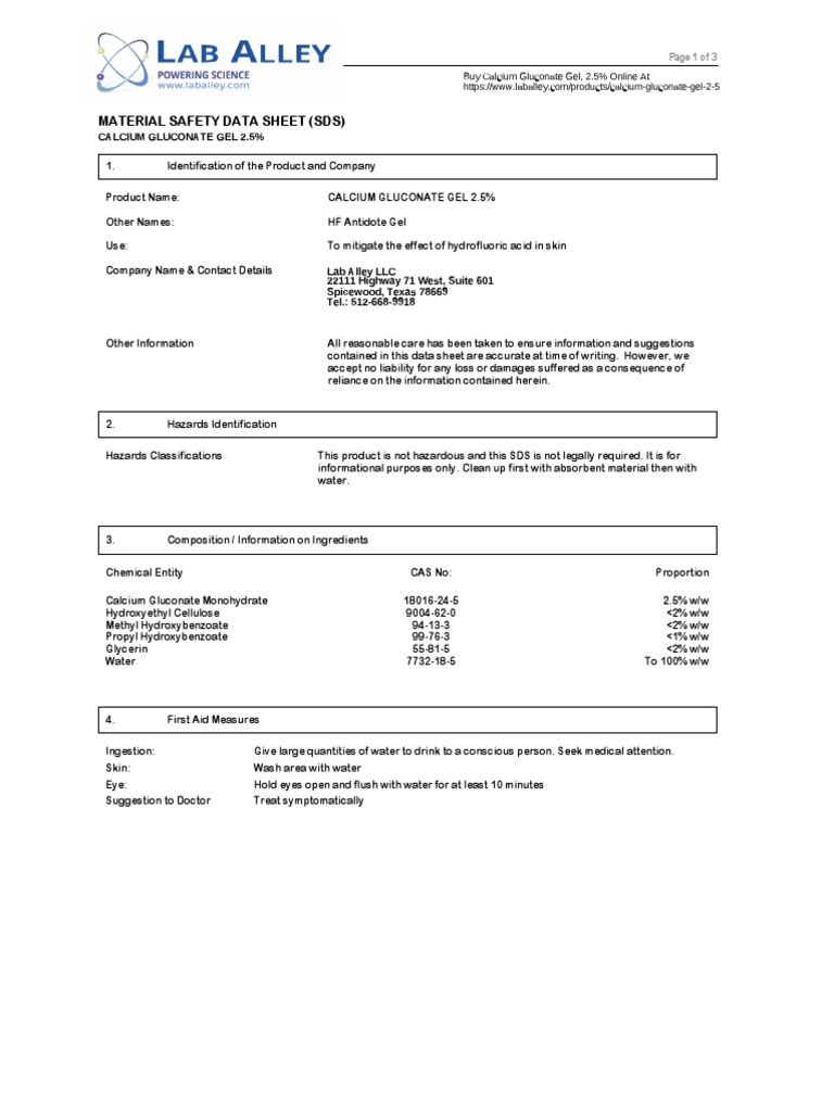 Calcium Gluconate Gel Safety Data Sheet SDS PDF Water Waste