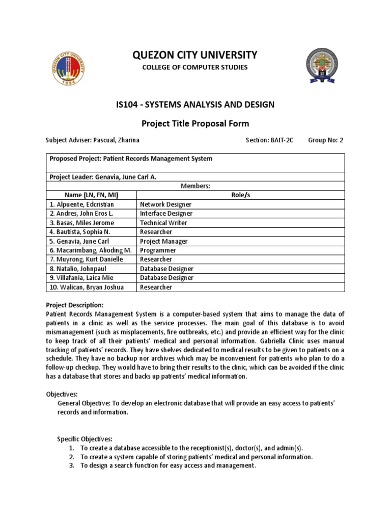 Group 1 Revised Proposal. Patient Records Management System | PDF