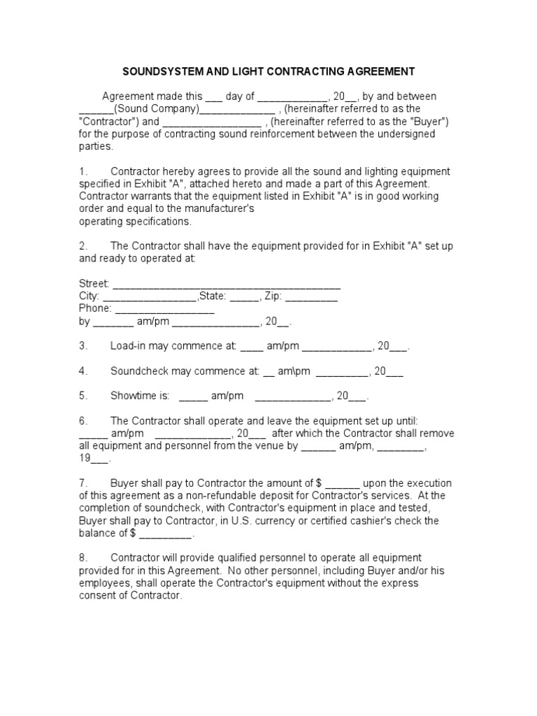Sound and Light Contract Agreement | PDF | General Contractor | Employment
