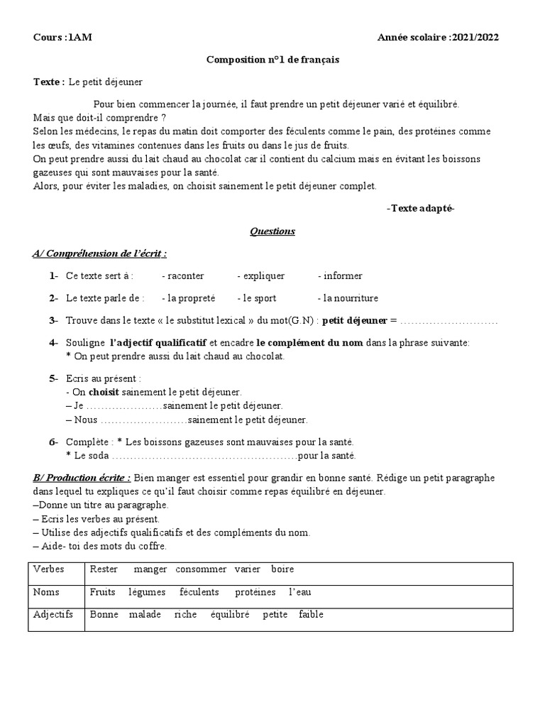 Composition de français 1AM : Petit déjeuner | PDF
