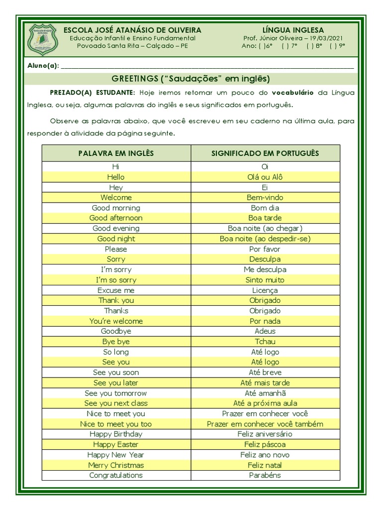 Saudações em Inglês para Estudantes | PDF | Artes Linguísticas e Disciplina