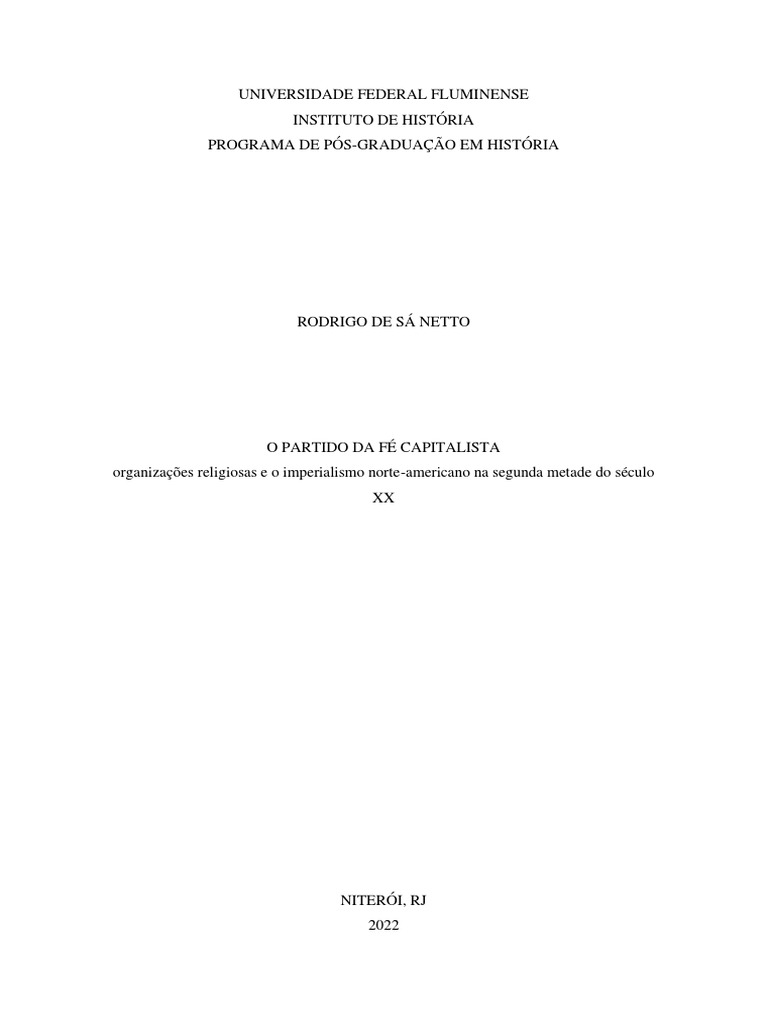 TESE Rodrigo de Sá Netto O Partido Da Fé Capitalista PDF | PDF ...