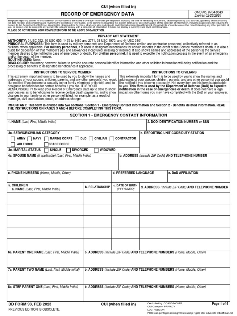 DD Form 93: Emergency Data Record | PDF | Marriage | United States ...