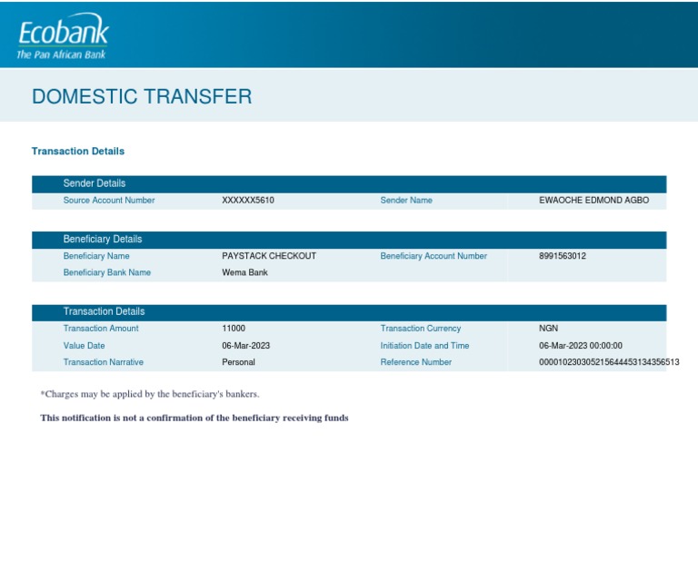Domestic Transfer Details: Ewaoche Agbo | PDF