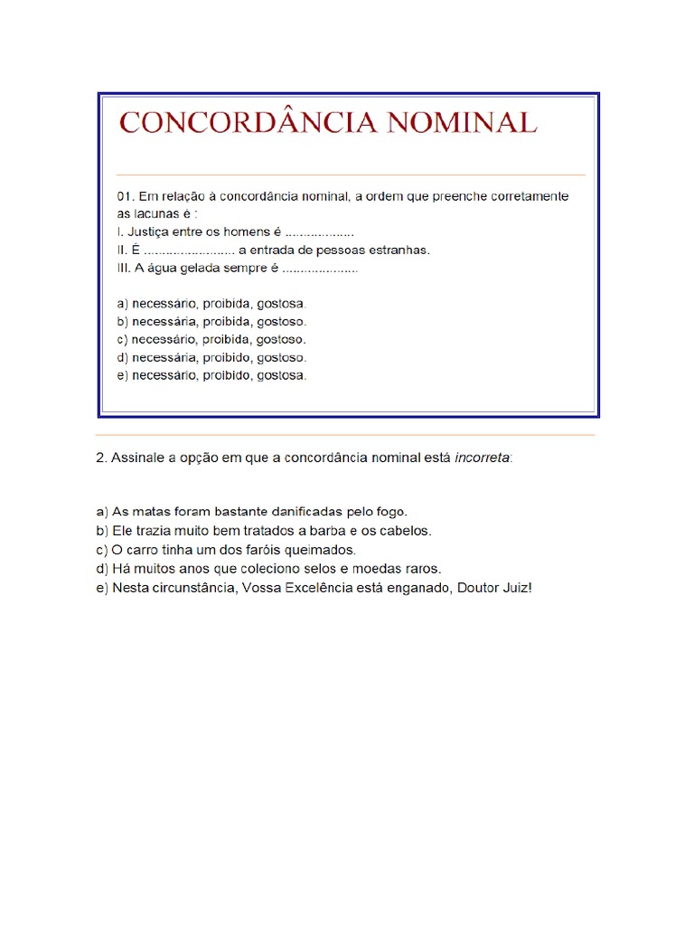 Exercícios CONCORDANCIA NOMINAL | PDF