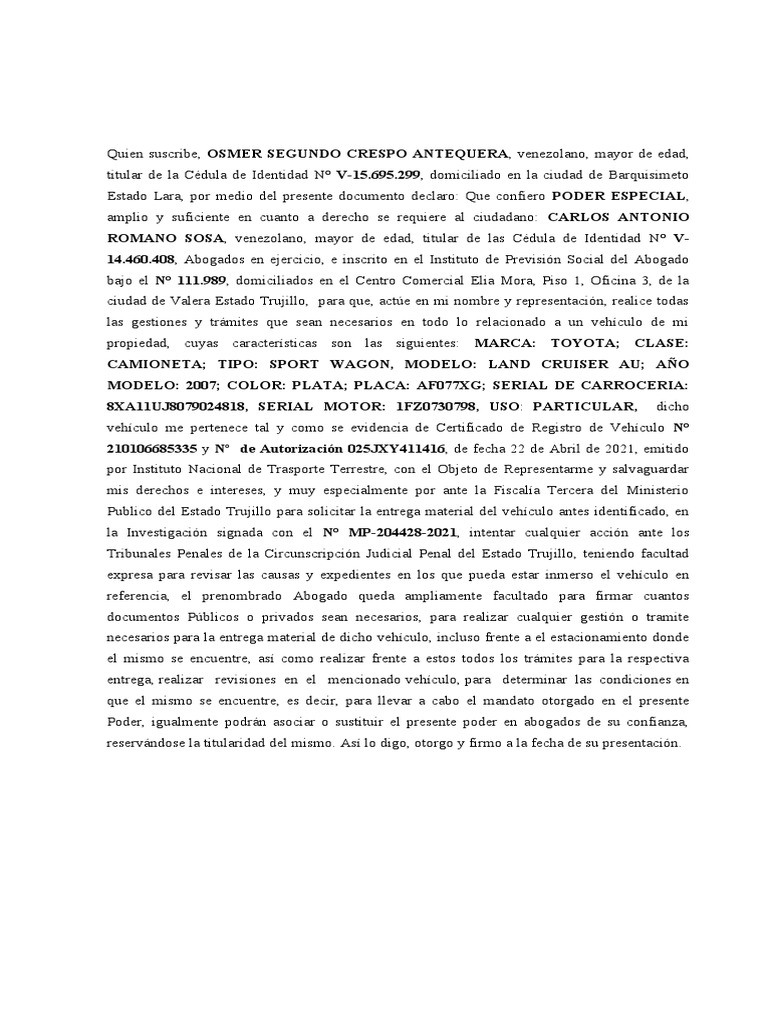 Poder Especial para Gestión de Vehículo | PDF | Justicia | Crimen y ...