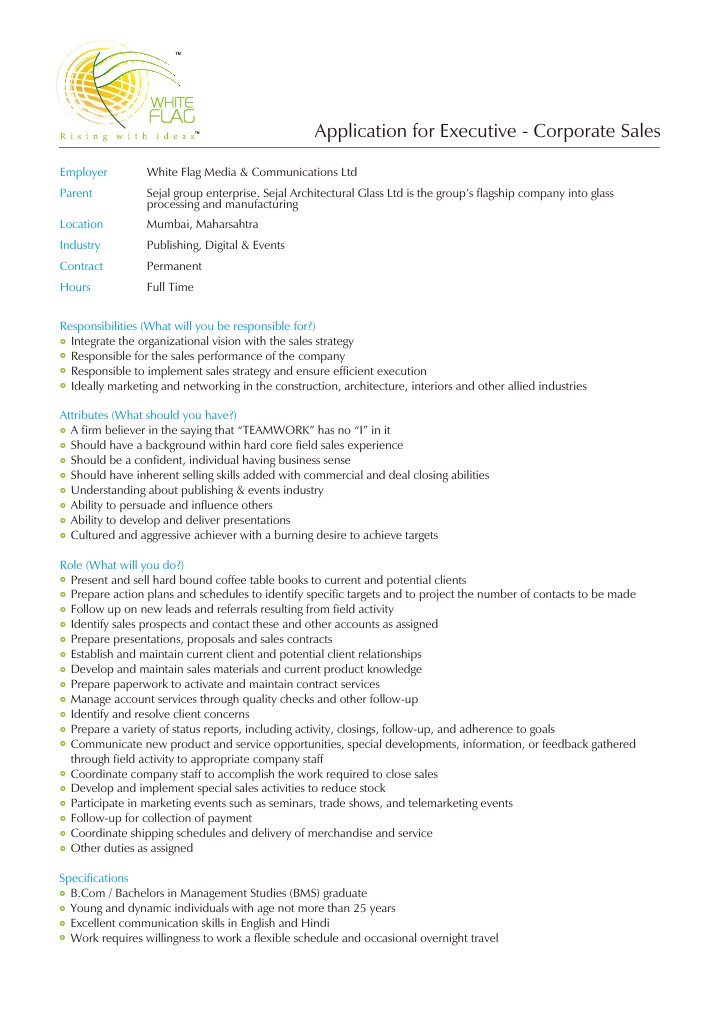 Corporate Sales Executive Application | PDF