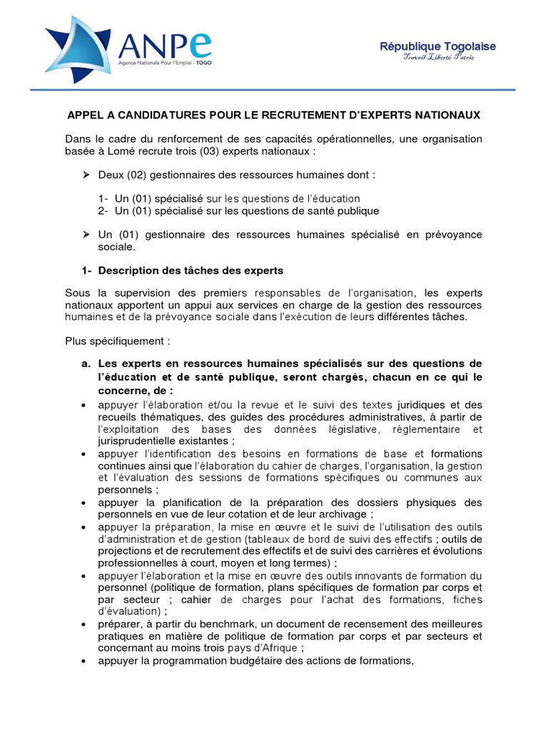 APPEL A CANDIDATURES POUR LE RECRUTEMENT EXPERTS NAT NF | PDF ...