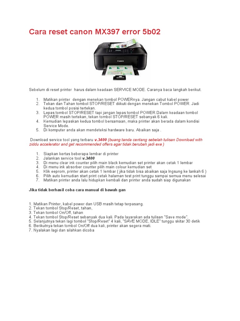 Reset Printer Canon MX397 Error 5B02 | PDF