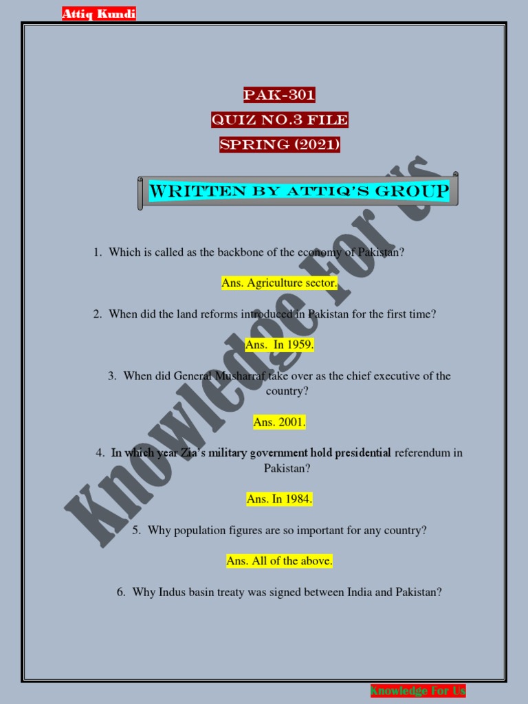 Pakistan Economy and History Quiz Answers | PDF | Pakistan | Government ...