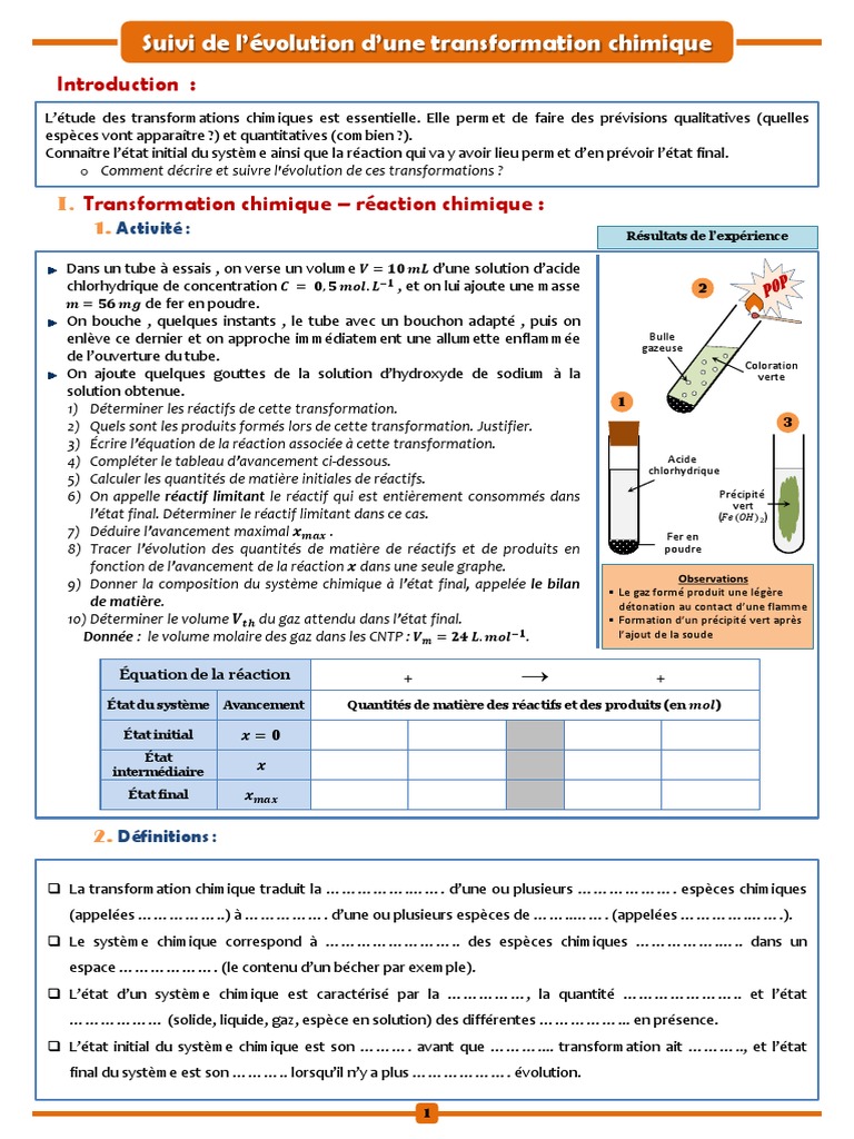 Suivi d'une transformation chimique | PDF | Réactions chimiques | Chimie
