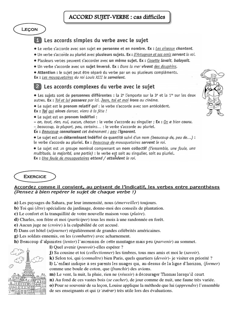 Exercices Accord Sujet Verbe 6ème Pdf Act 3 Accord Sujet Verbe CAS DIFFICILES | PDF
