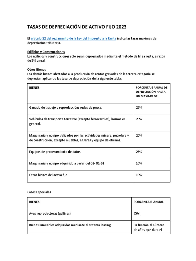 Tasas de Depreciación 2023 para Activos Fijos | PDF | Impuesto sobre la ...