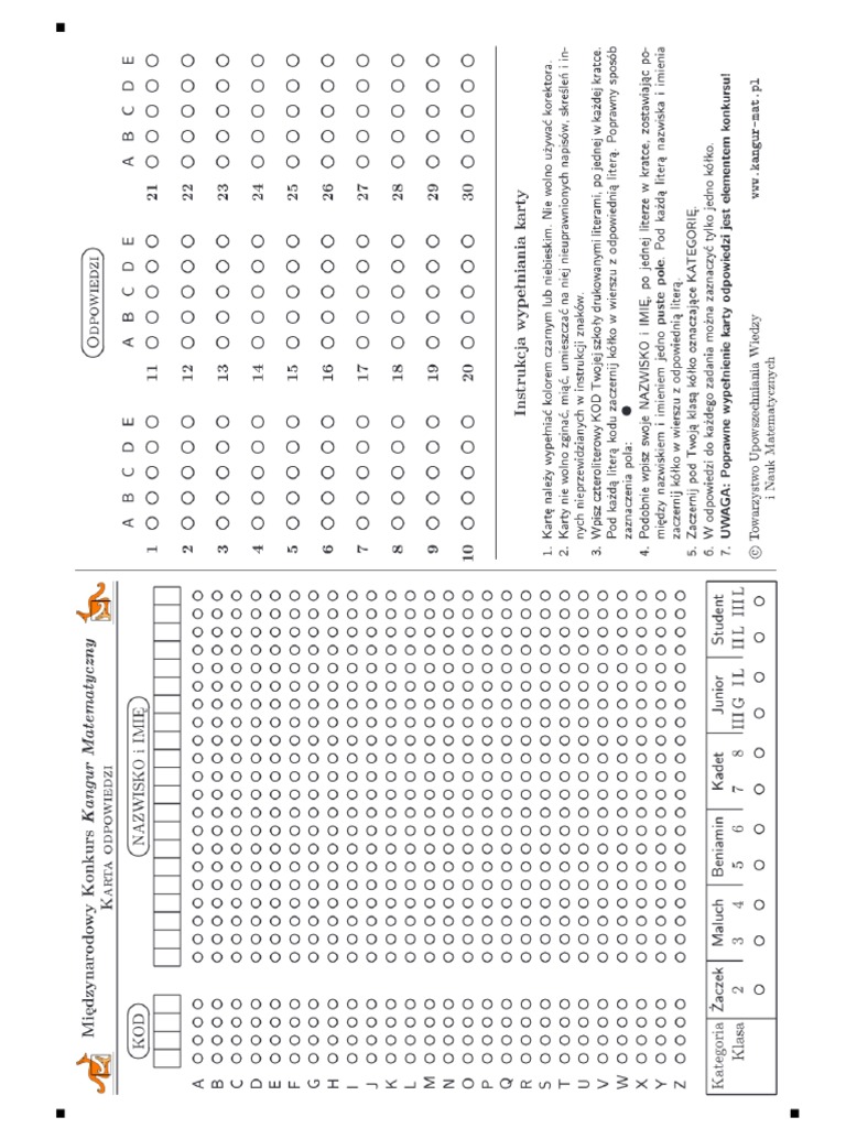 Alfik Matematyczny Klasa 4 Odpowiedzi Karta Odpowiedzi - Karta - Odp PDF | PDF