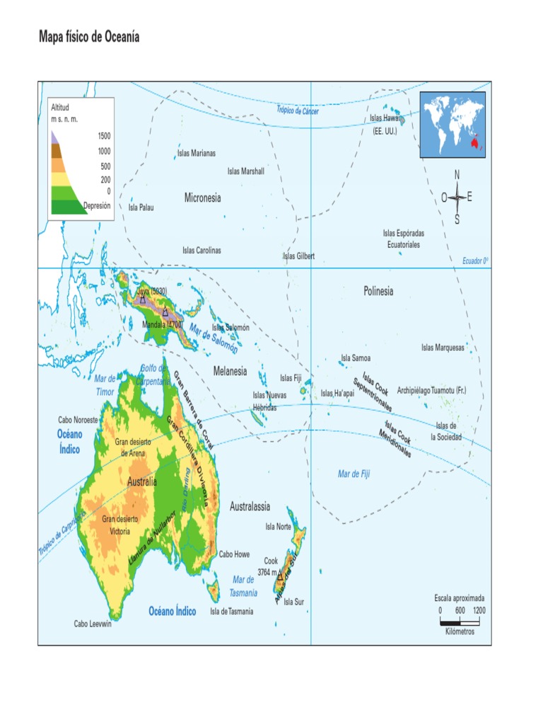 Mapa físico de Oceanía | PDF | Oceanía | Oceanografía