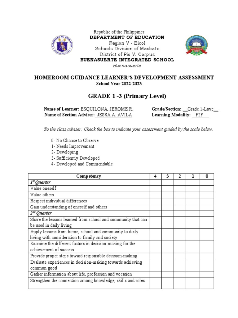 Homeroom Guidance Learners Development Assessment Grade 1 3 Pdf