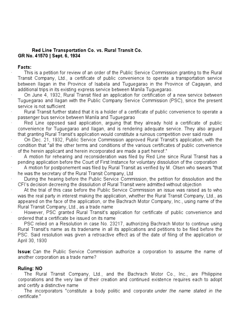 1) Red Line Trans. vs. Rural Transit, 60 Phil. 549 | PDF | Corporations ...