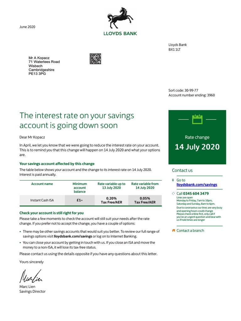 Lloyds Bank Savings Rate Change Notice | PDF | Interest | Interest Rates