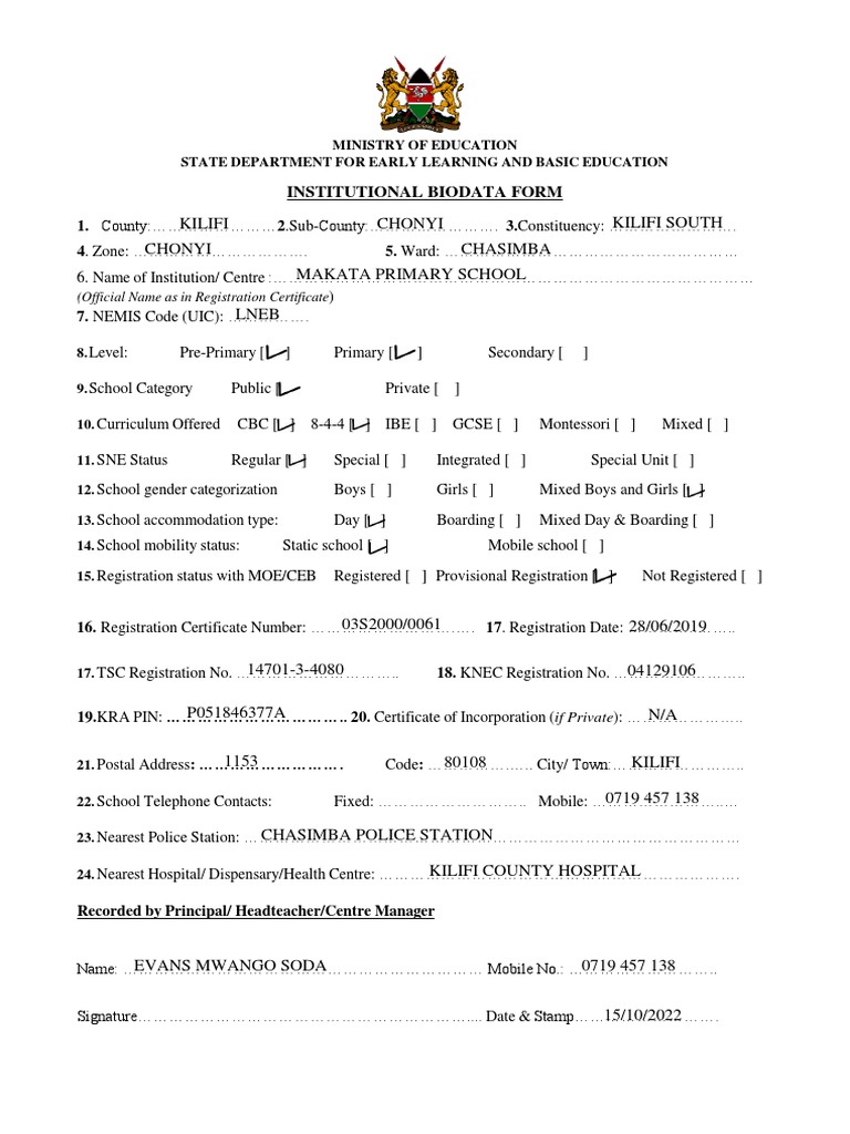 Makata Primary School Biodata Form | PDF