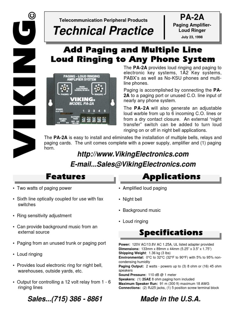 Manual Viking Pa2a Sistema Ampolificador de Timbrado de Telefono PDF