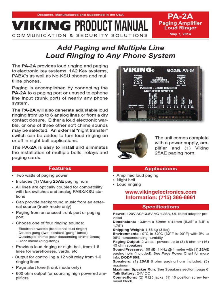 Viking Pa2a Paging System PDF Loudspeaker Telephone