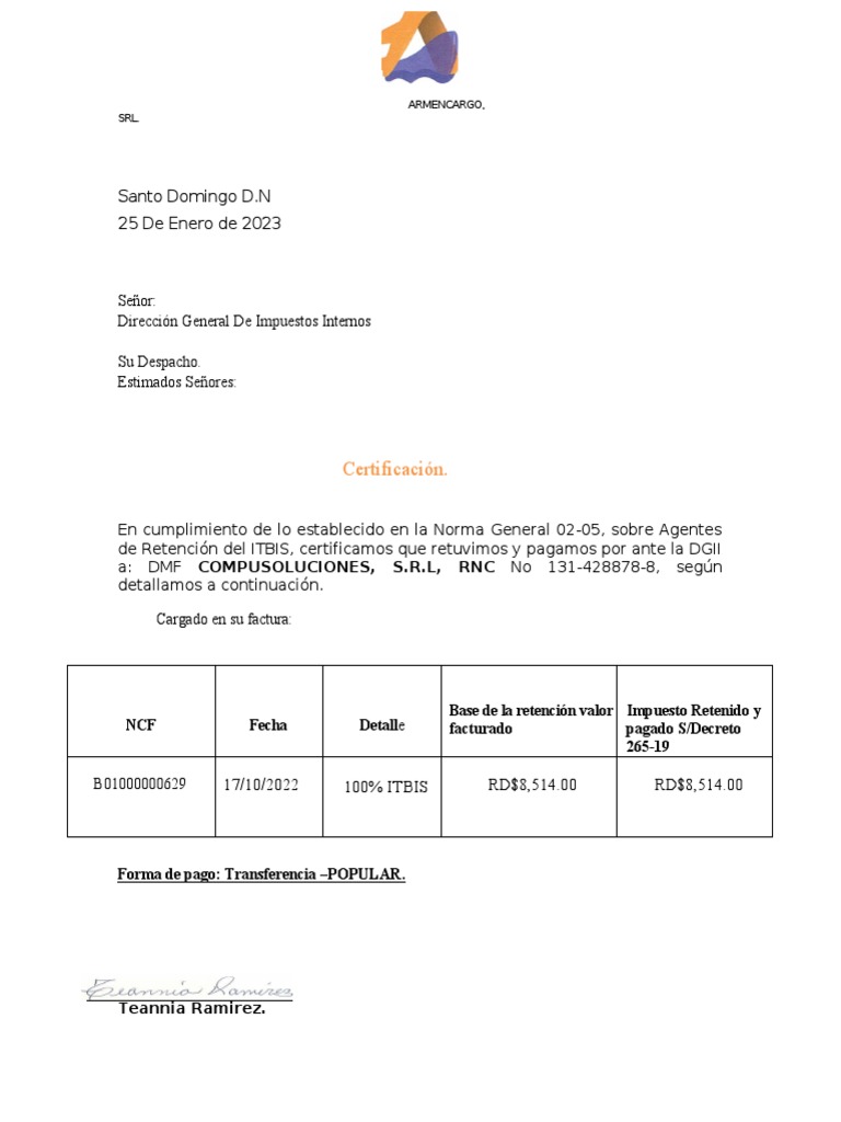 Carta De Retencion Dmf Pdf