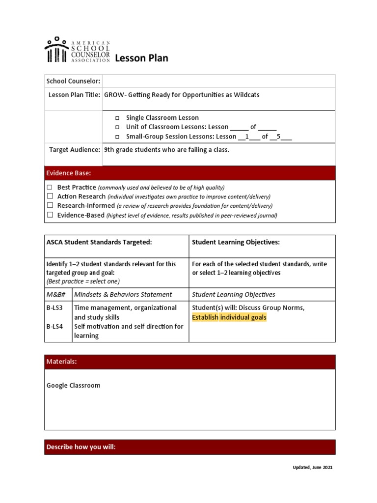 9th Grade GROW Lesson Plan for Success | PDF | School Counselor ...