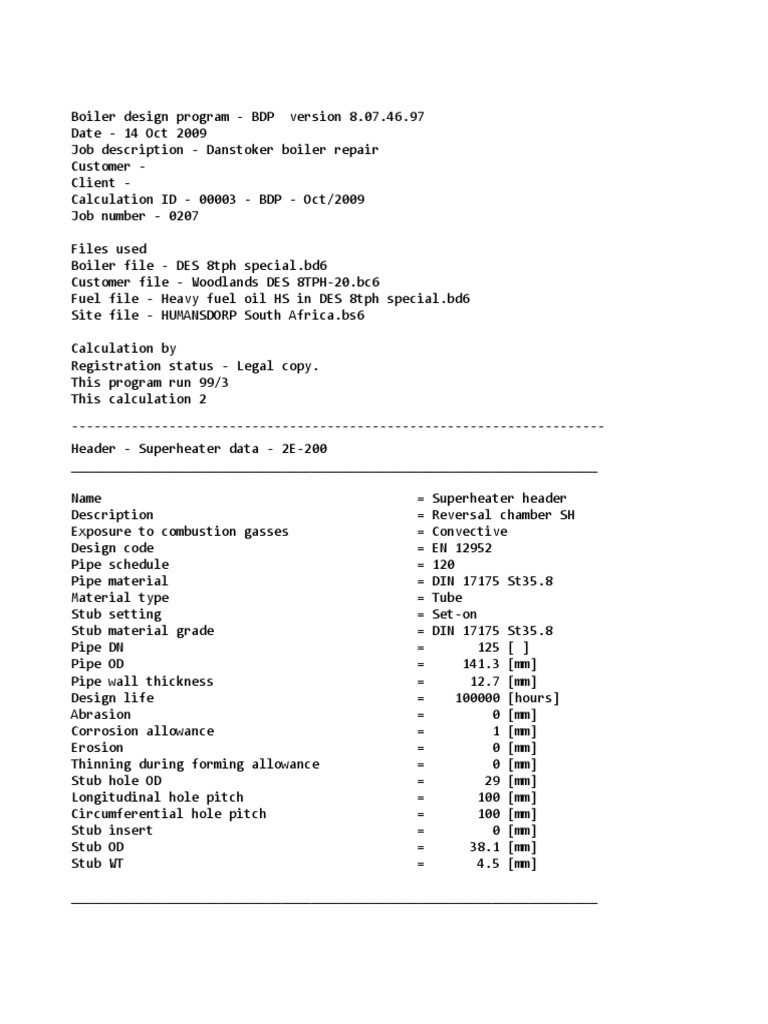 Boiler design program report for danstoker boiler repair calculation