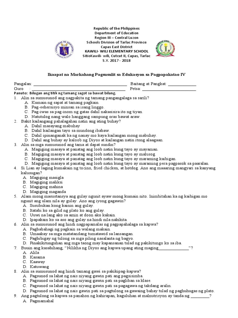 4th Quarter Periodical Test All Subjects With Tos And Key Answers Pdf