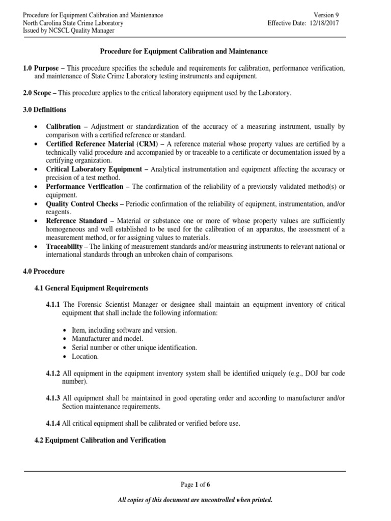 Equipment Calibration and Maintenance 12 18 2017 PDF PDF