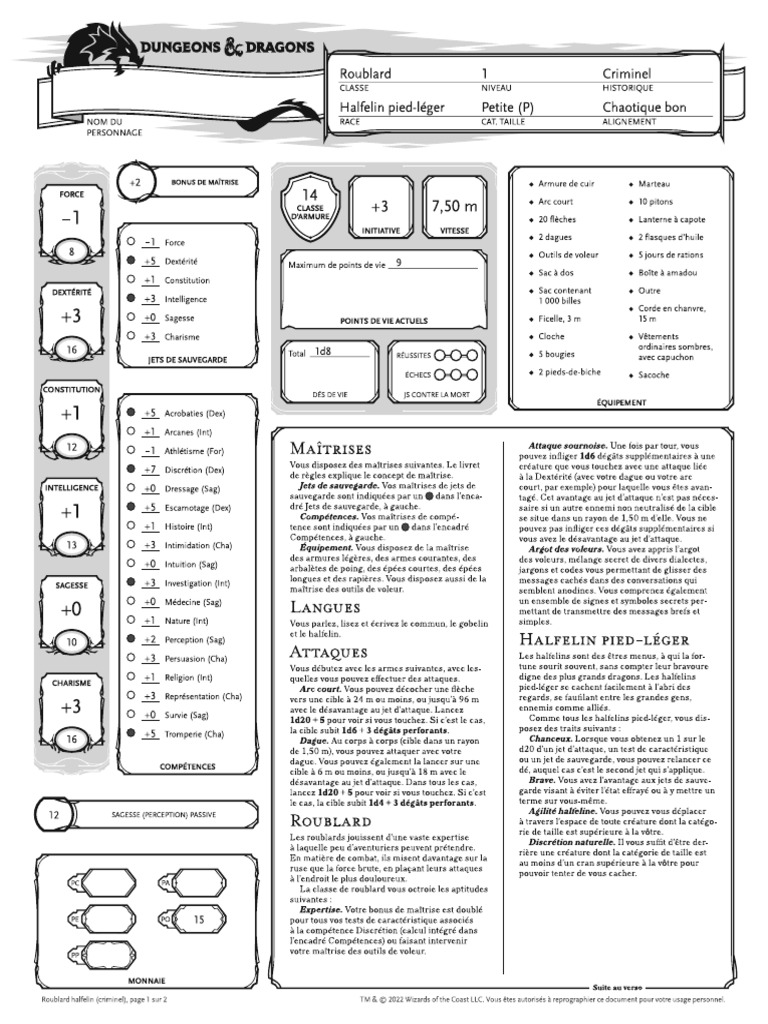 Feuilles De Personnage Dungeons & Dragons D&D3 - Pochette Complète De 16 Feuilles - Occasion Bon état Général