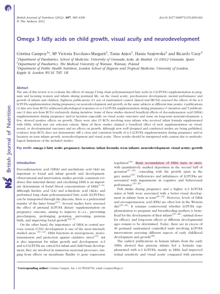 Campoy, 2012 Omega 3 Fatty Acids On Child Growth, Visual Acuity and