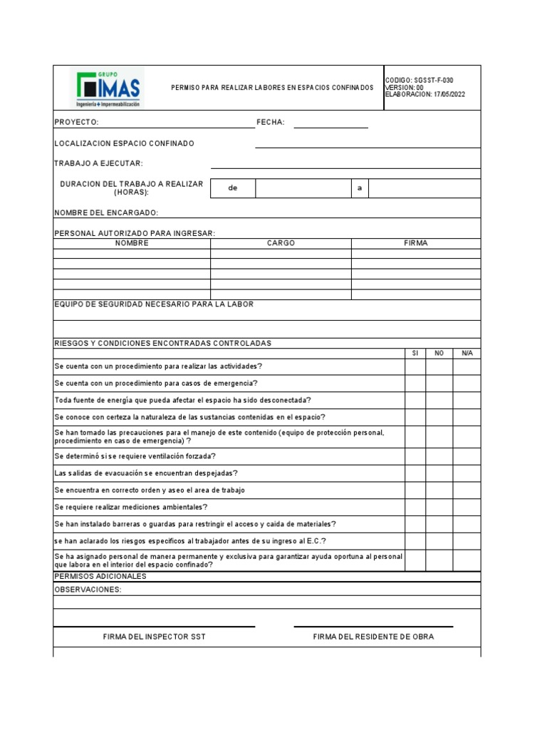 SGSST-F-030 Permiso de Trabajo en Espacios Confinados | PDF